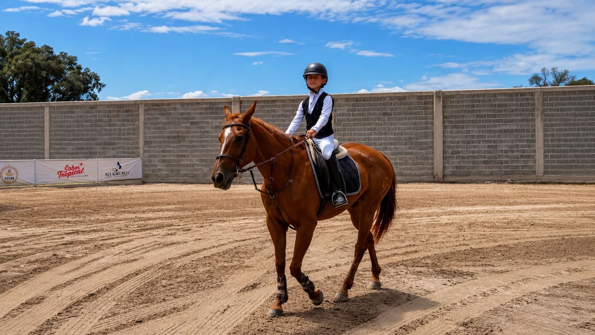Niño jinete con casco y chaleco negro montando un caballo alazán en la arena