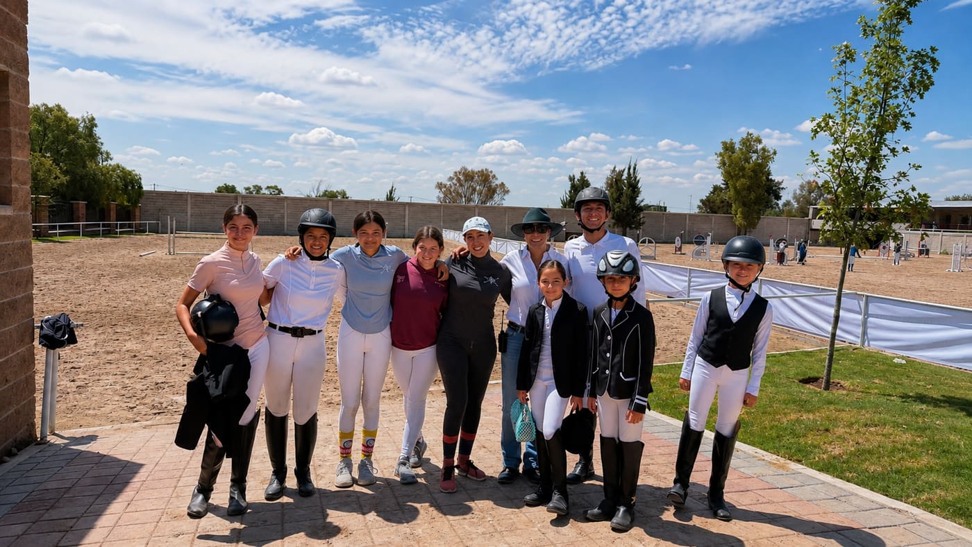 Grupo de alumnas, alumnos e instructoras de Hípico San Marcos al sol
