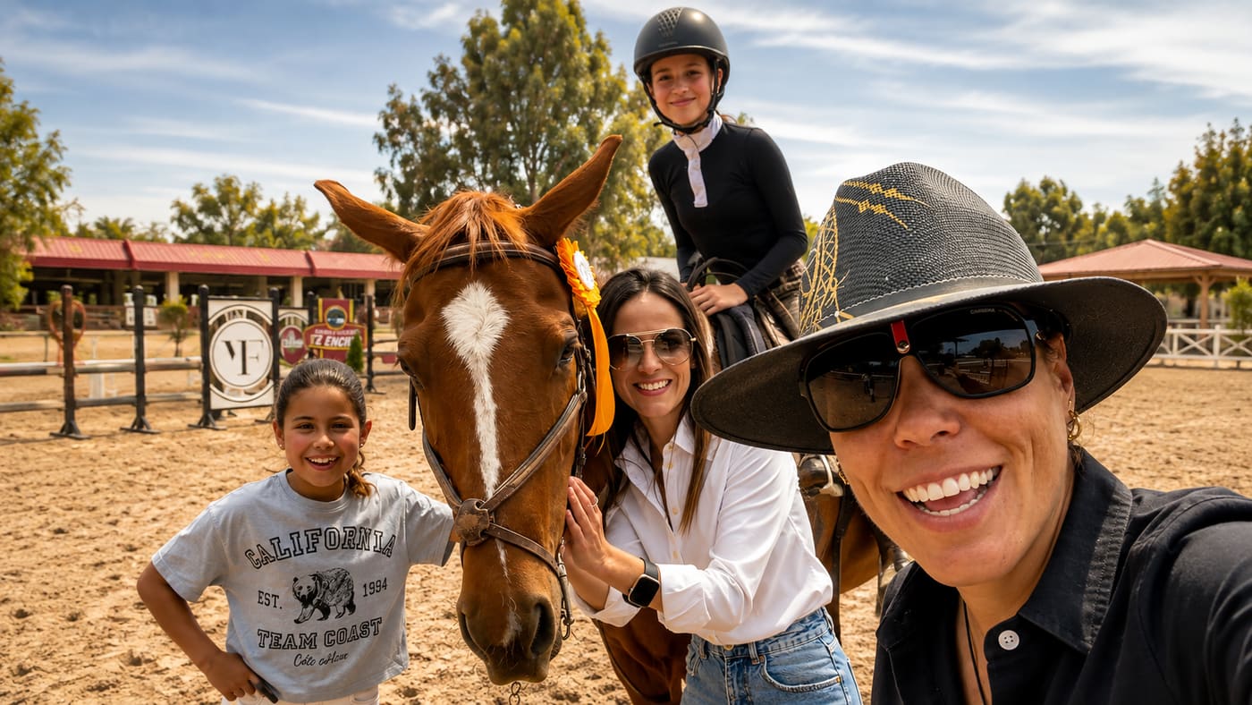 Alumnas y compañeras junto a un caballo alazán con listón de competencia