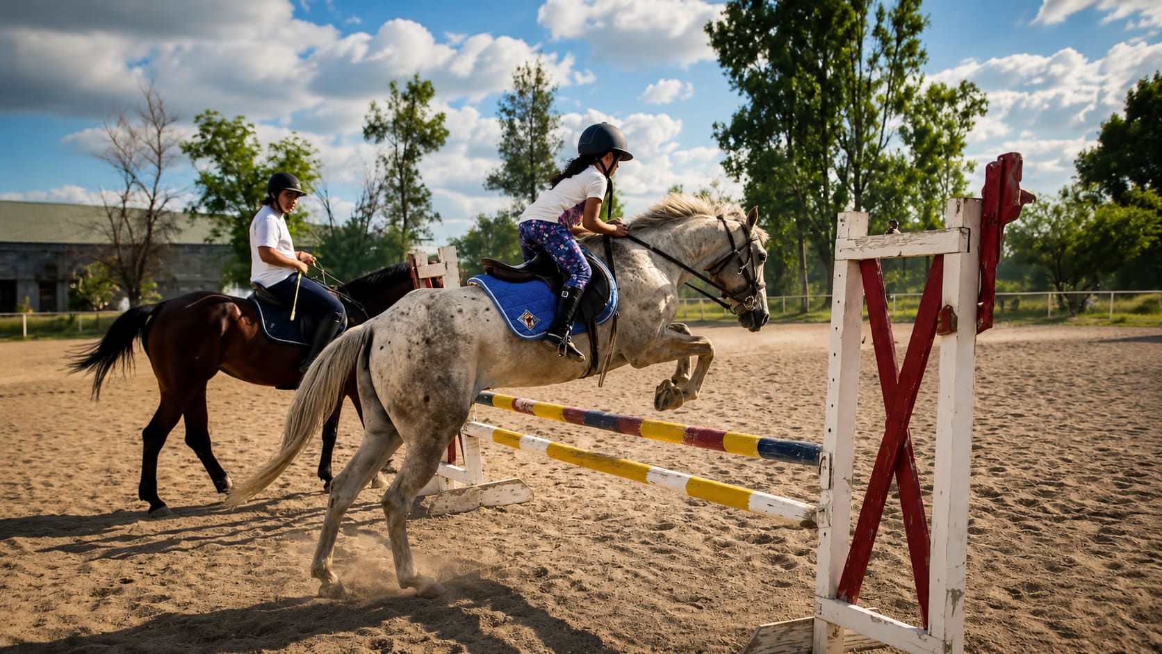 Alumna de Hípico San Marcos saltando con un caballo moteado en la arena, con otro jinete al fondo