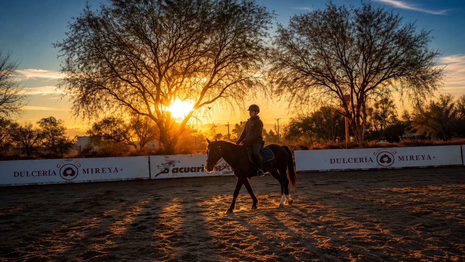 Jinete y caballo en silueta al atardecer en la arena de Hípico San Marcos