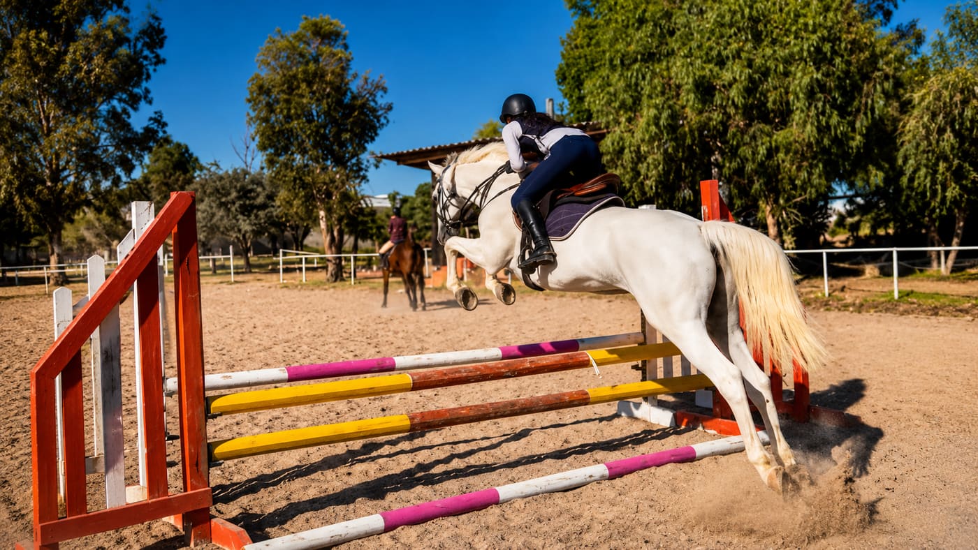 Jinete y caballo blanco en pleno salto sobre un obstáculo de colores en Hípico San Marcos
