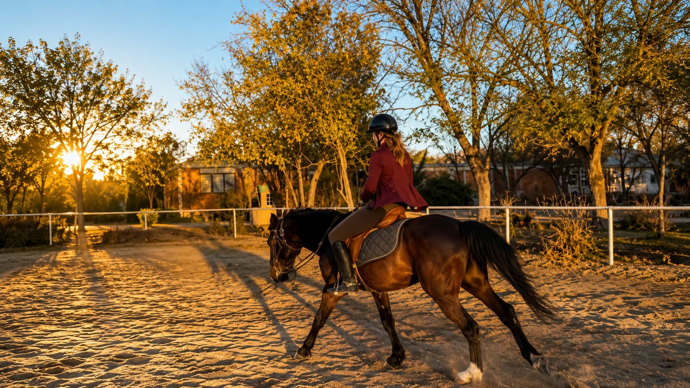 Jinete en chaqueta burgundy montando a caballo al atardecer en la arena de Hípico San Marcos