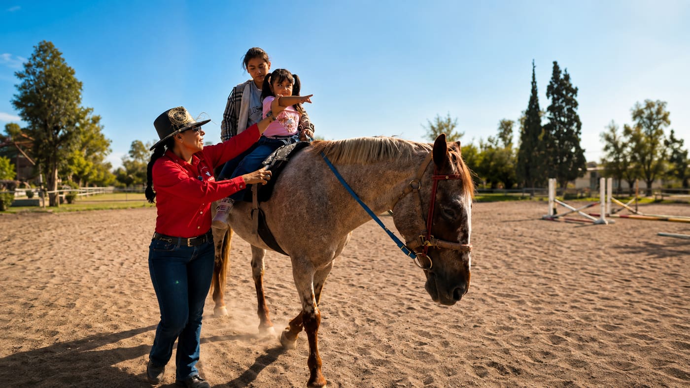 Instructora acompañando a dos niñas sobre un caballo en una sesión al aire libre