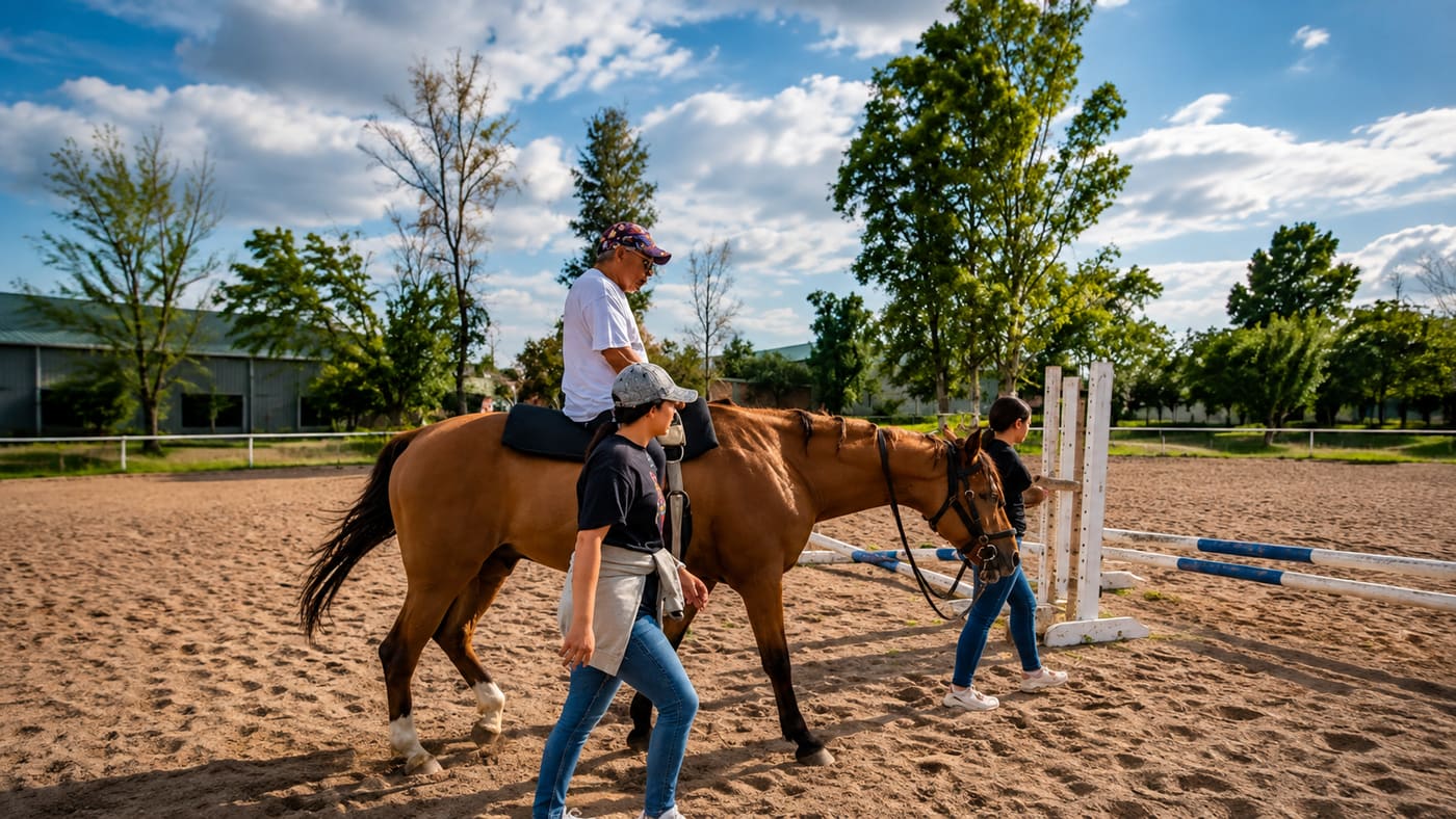 Persona en monta terapéutica sobre un caballo alazán, acompañada por dos personas en la arena