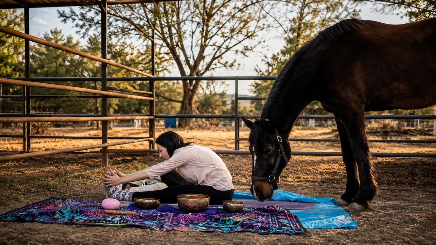 Práctica de Yoga Equino junto a un caballo bayo en la arena al atardecer